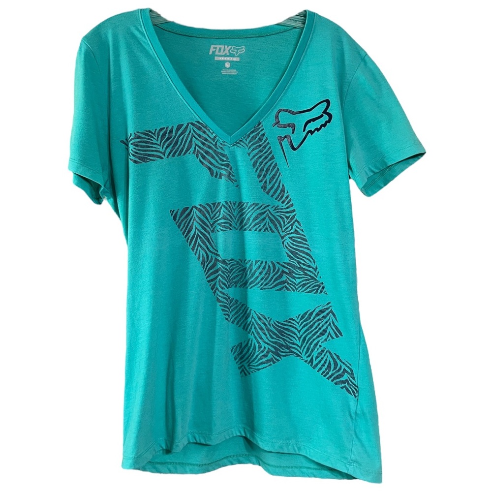 Fox Head Teal V Neck T Shirt Sz L Cotton Blend EUC